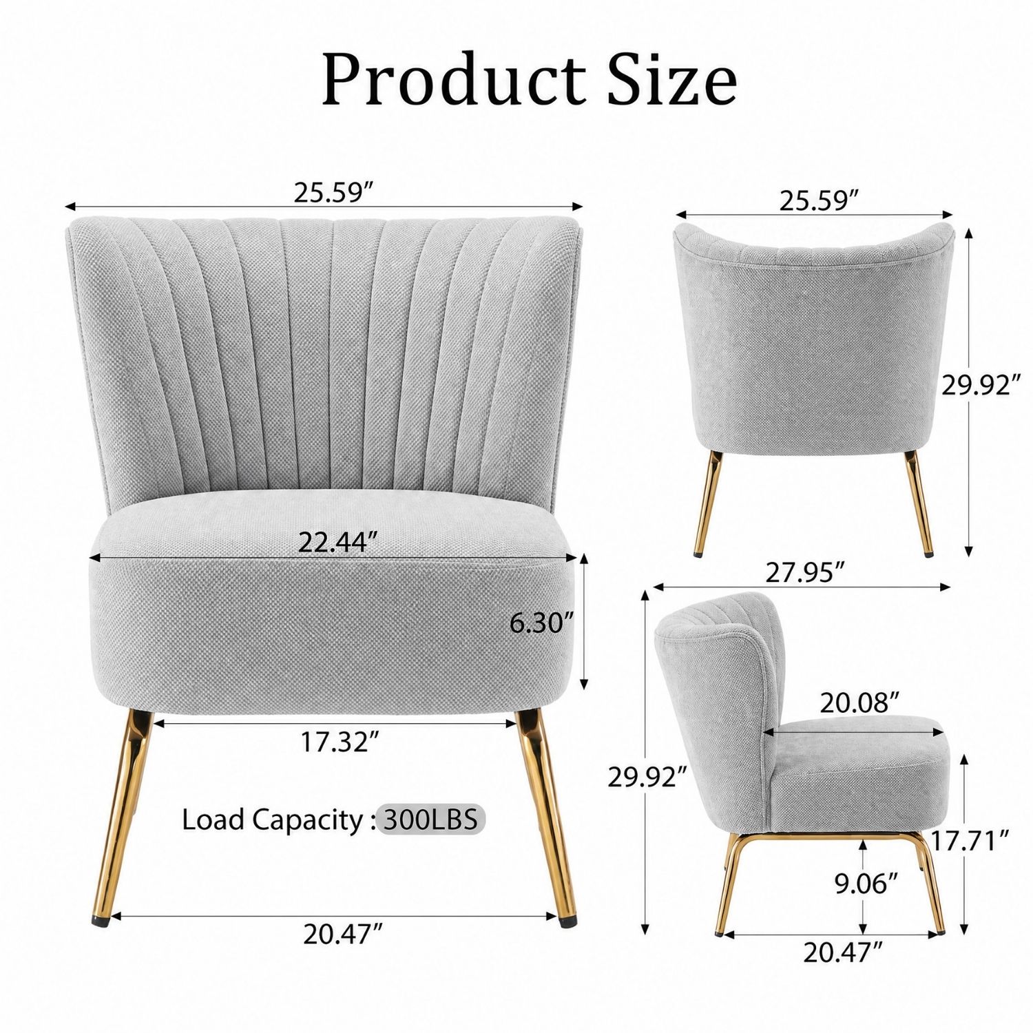 Channel Tufted Accent Chair with Gold Metal Legs, Armless Compact Seat, view 5