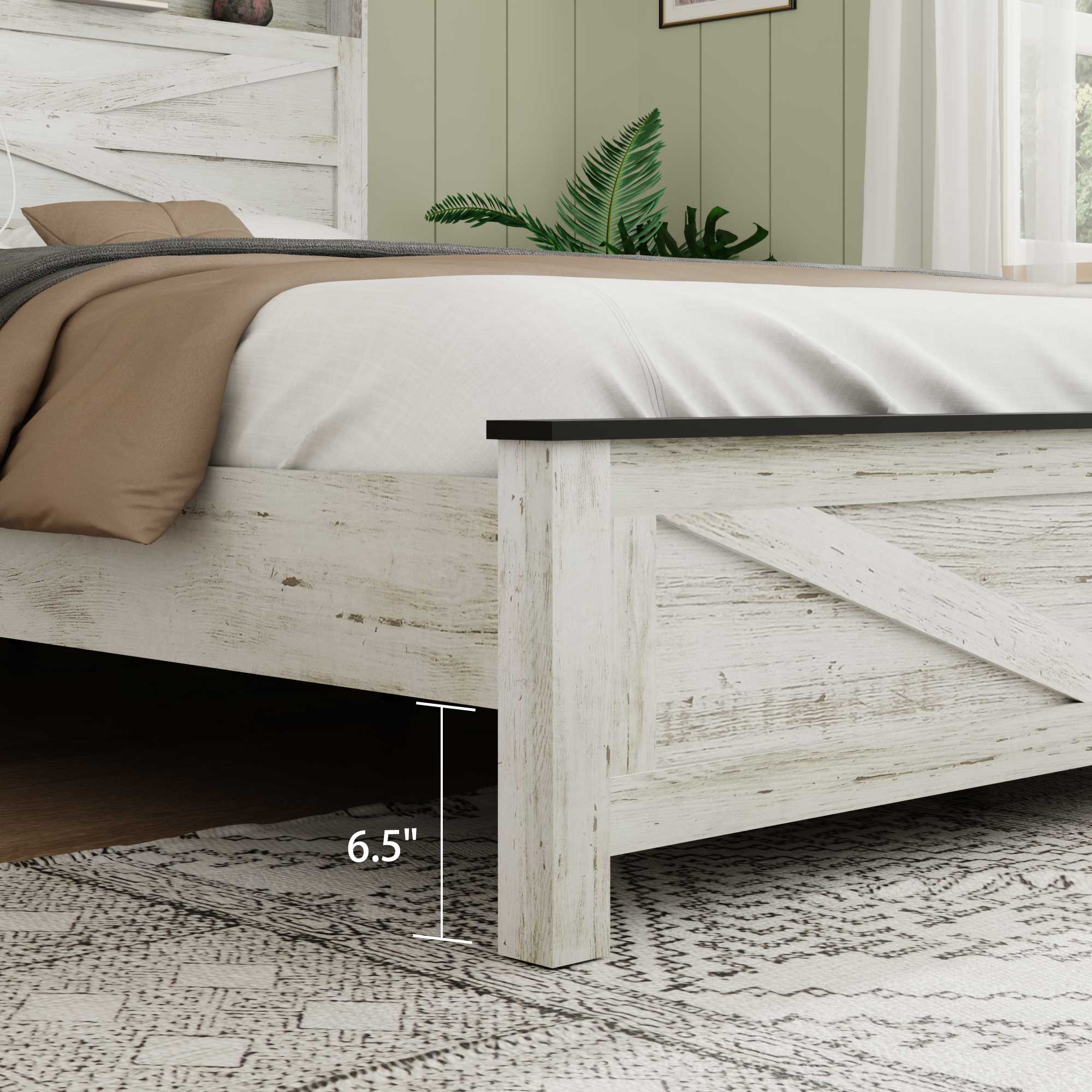 King Wood Bed Frame with Storage Shelf Headboard & Charging Station, Antique White, view 3