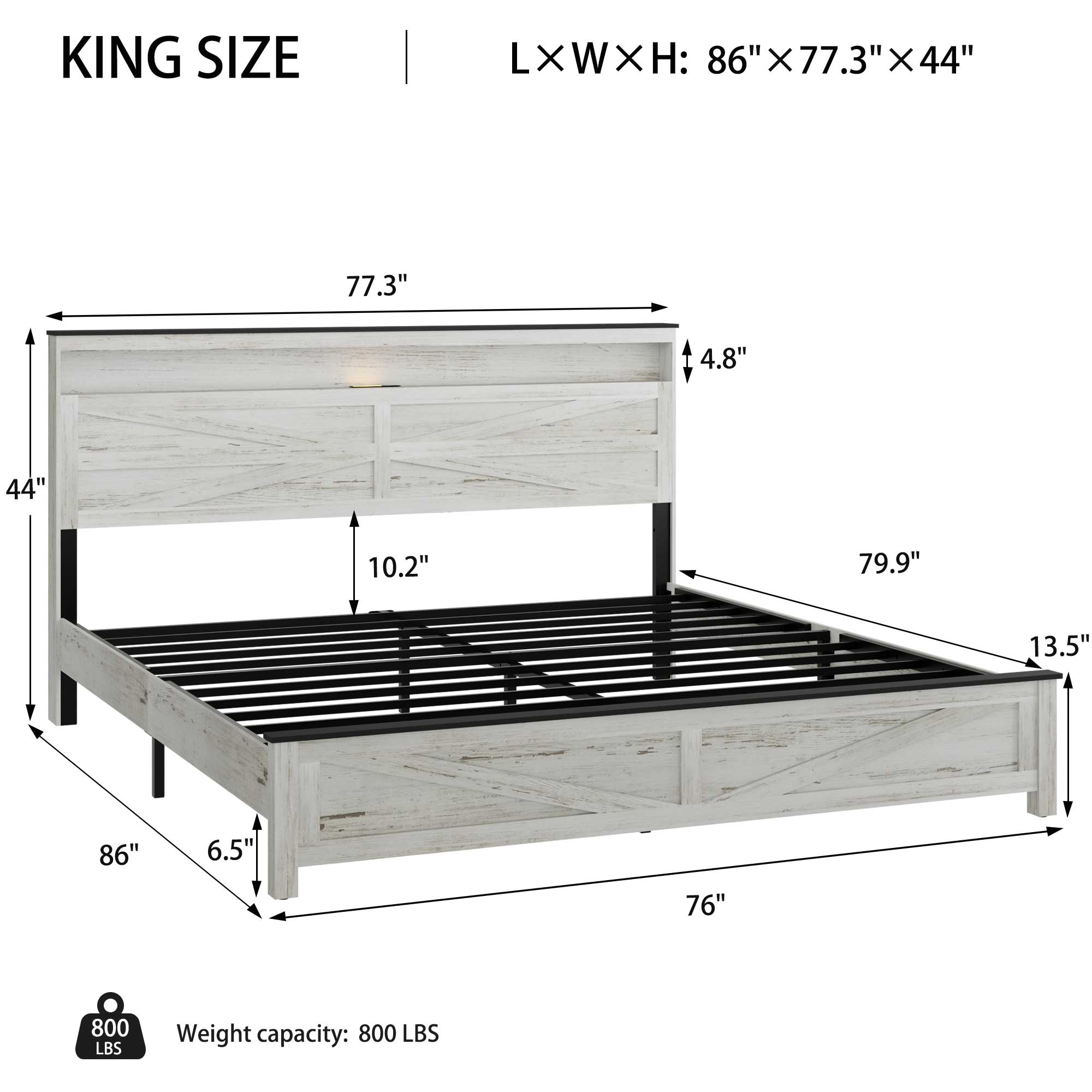King Wood Bed Frame with Storage Shelf Headboard & Charging Station, Antique White, view 2