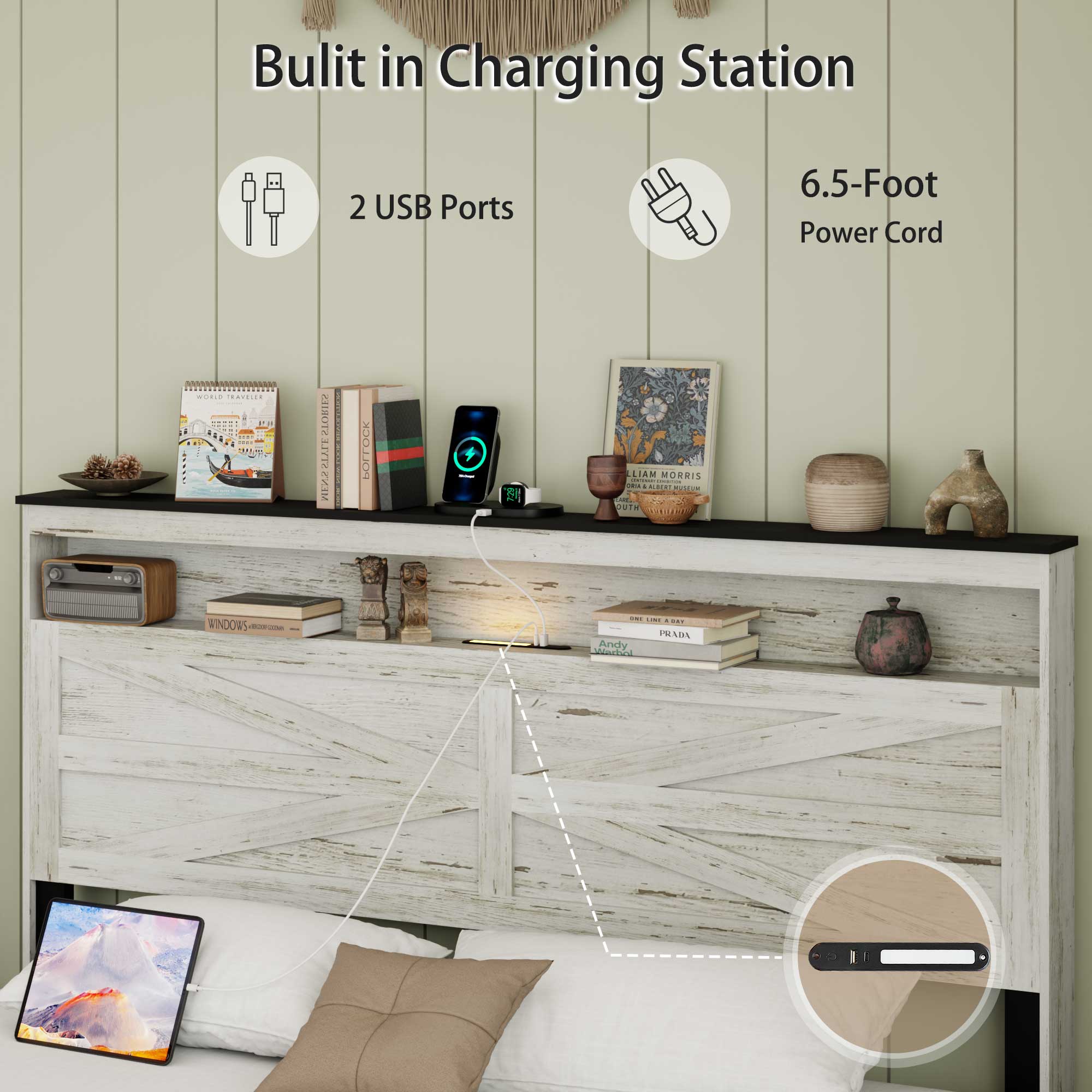 King Wood Bed Frame with Storage Shelf Headboard & Charging Station, Antique White, view 4