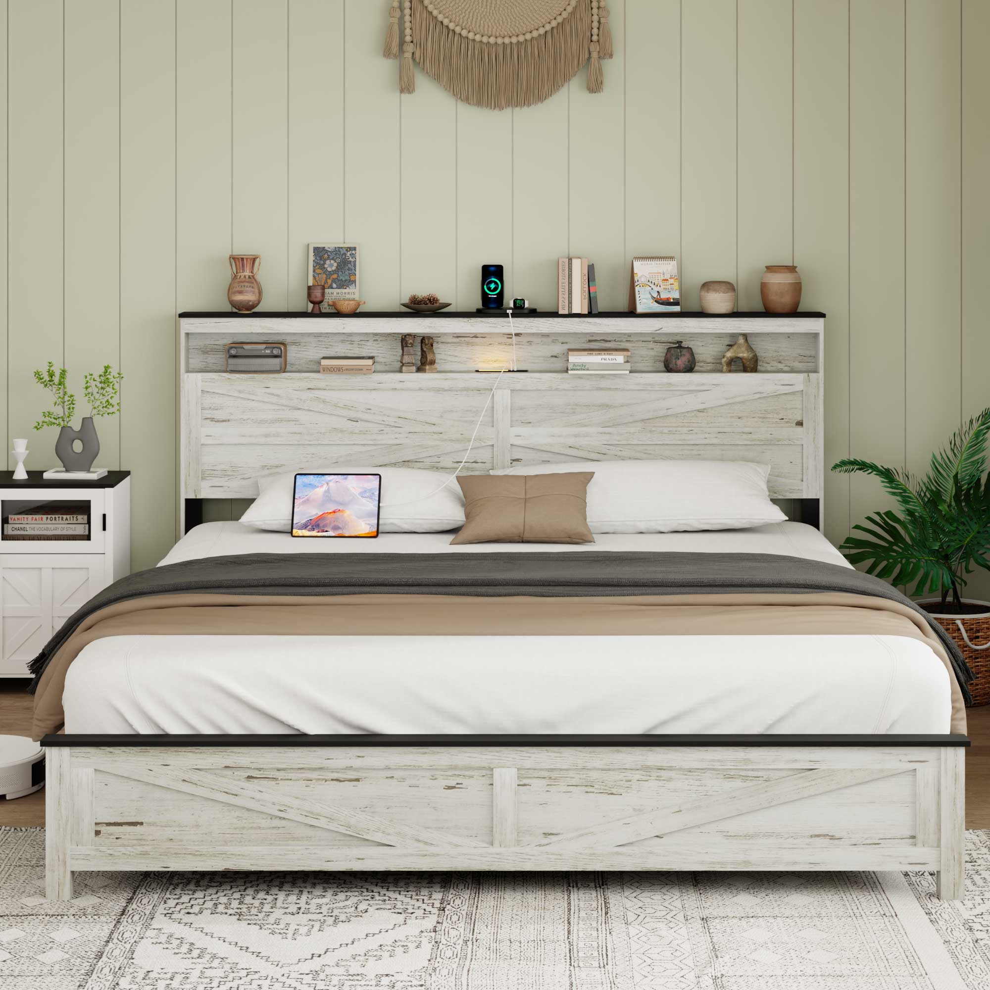 King Wood Bed Frame with Storage Shelf Headboard & Charging Station, Antique White