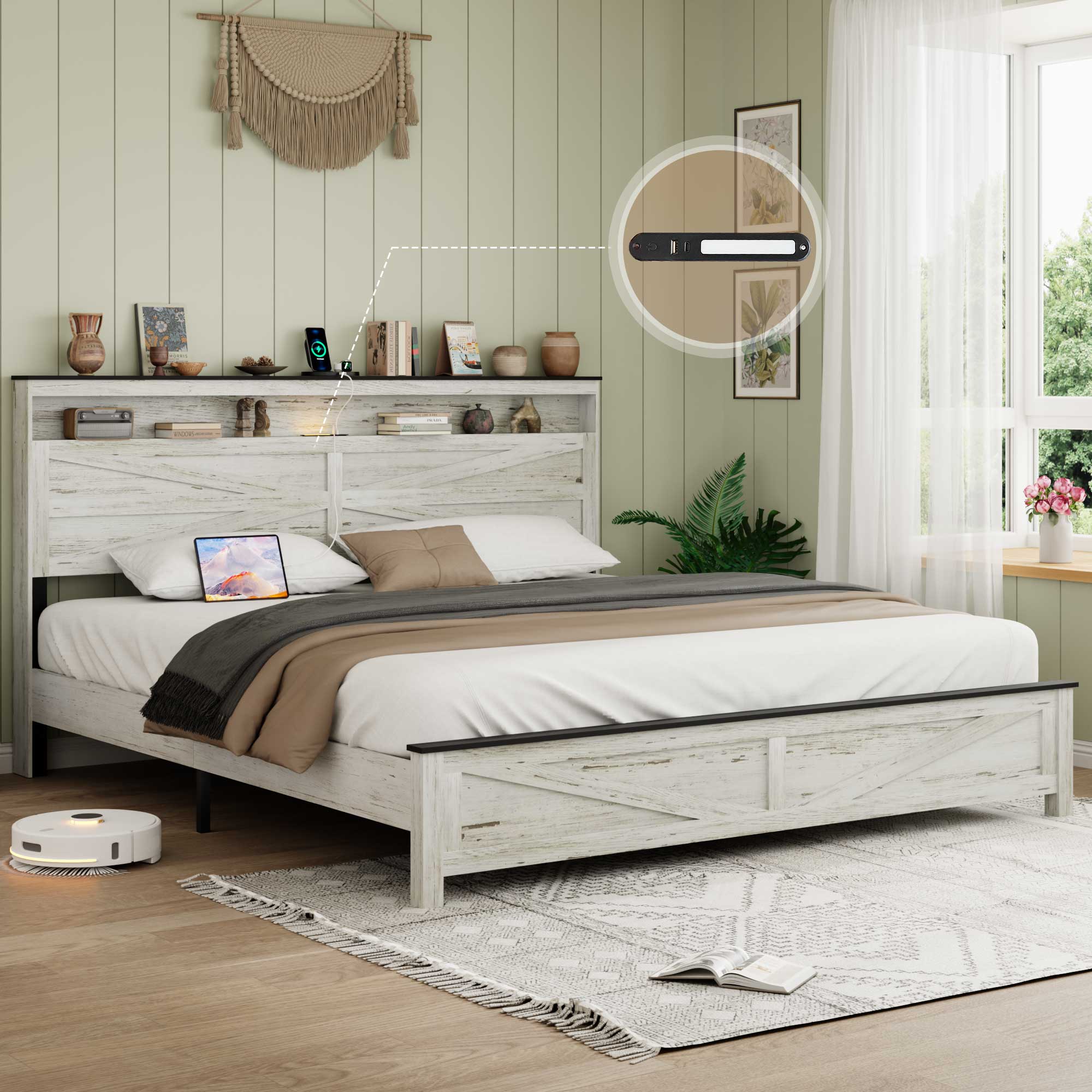 King Wood Bed Frame with Storage Shelf Headboard & Charging Station, Antique White, view 6