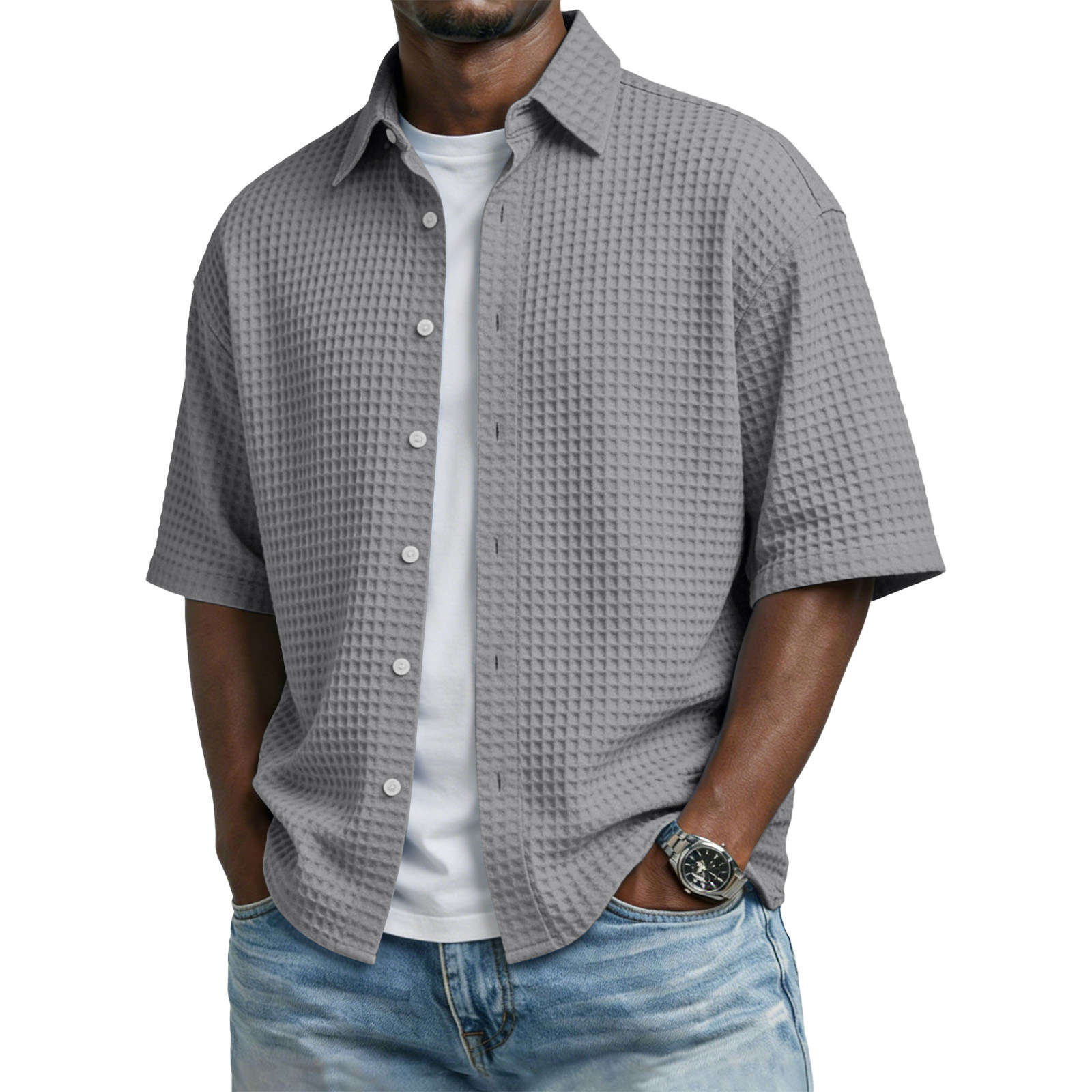 Men's Waffle-Weave Short-Sleeve Button-Up Shirt, Textured Collar