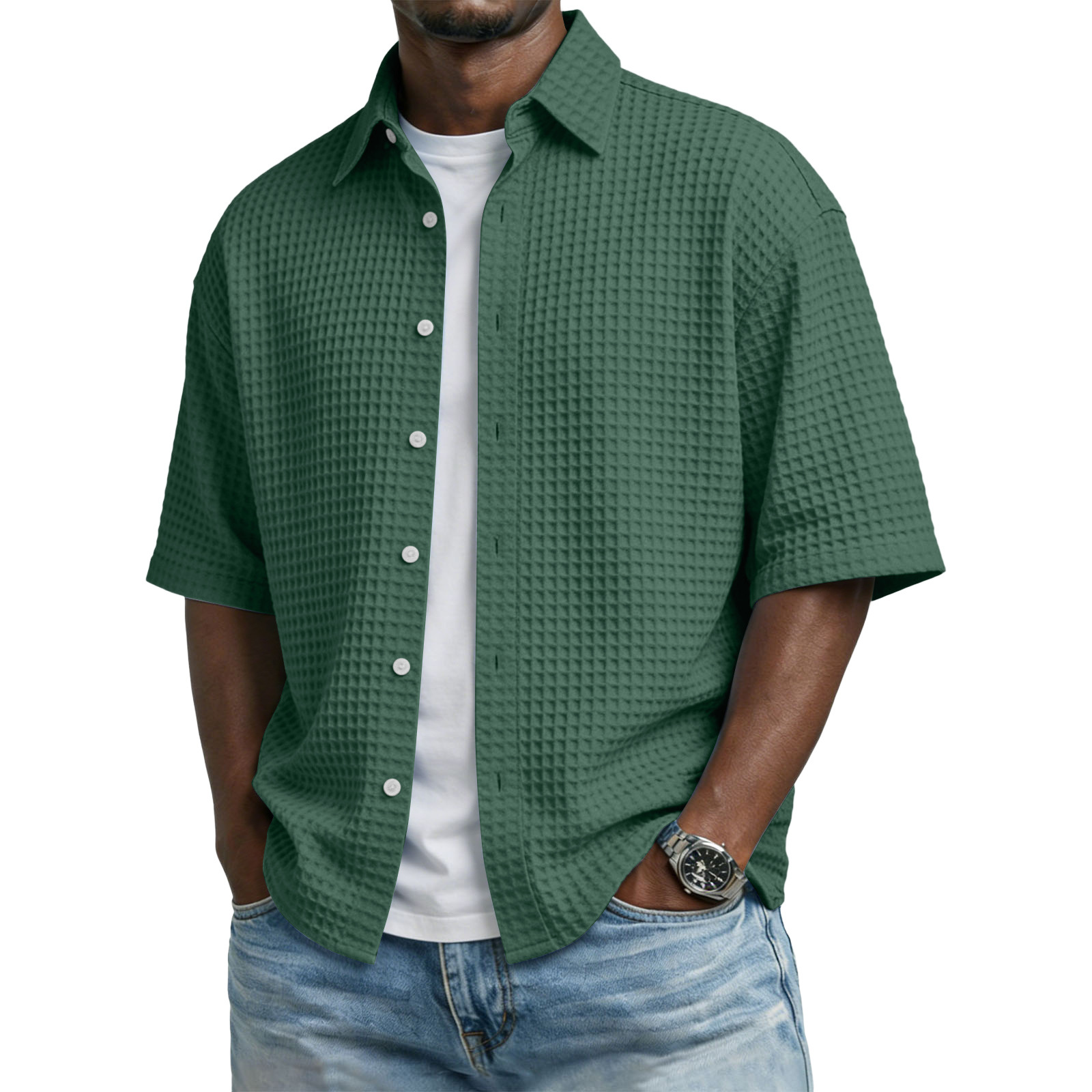 Men's Waffle-Weave Short-Sleeve Button-Up Shirt, Textured Collar, view 3