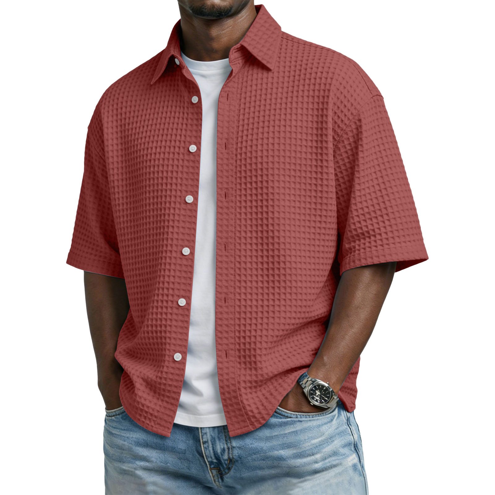 Men's Waffle-Weave Short-Sleeve Button-Up Shirt, Textured Collar, view 4