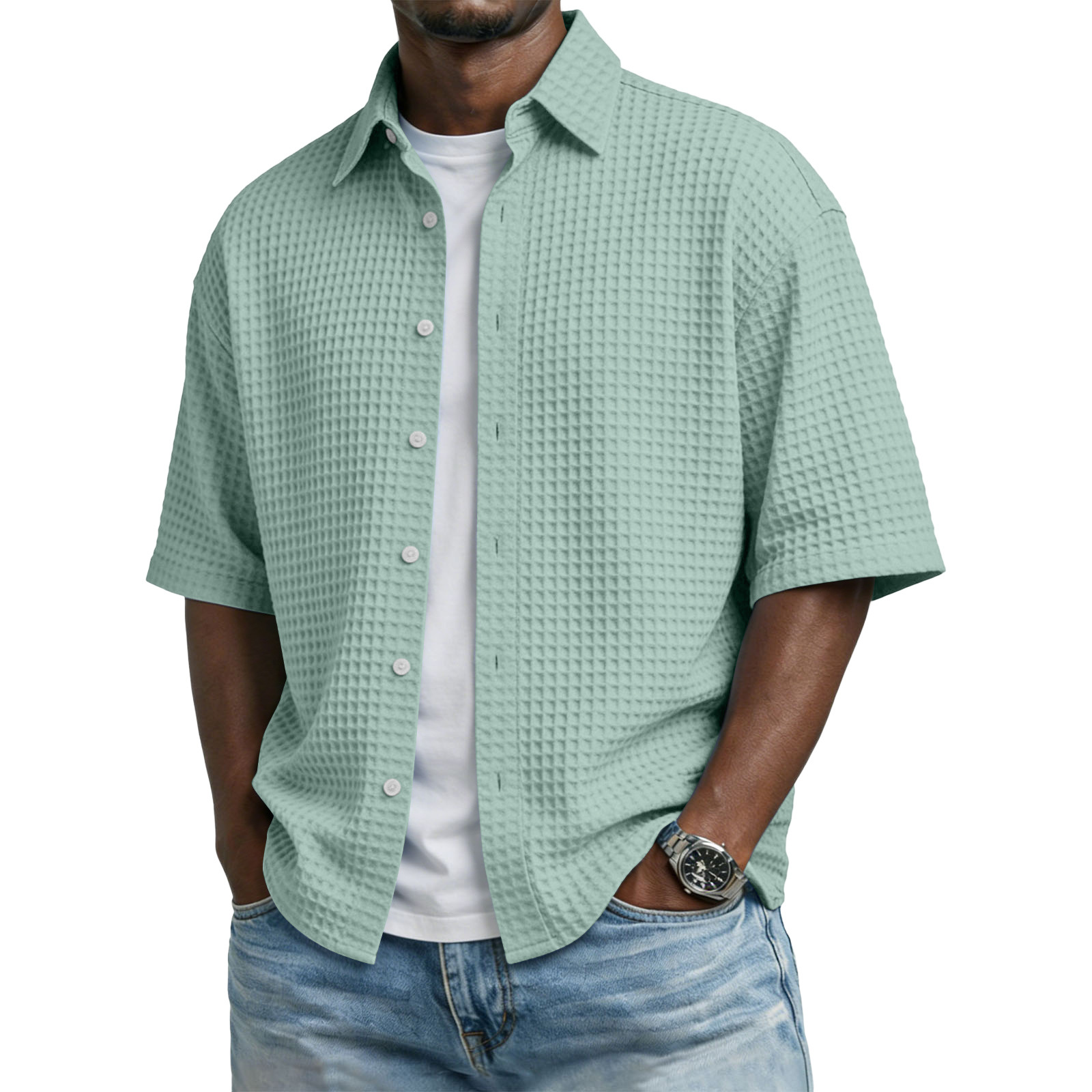 Men's Waffle-Weave Short-Sleeve Button-Up Shirt, Textured Collar, view 6