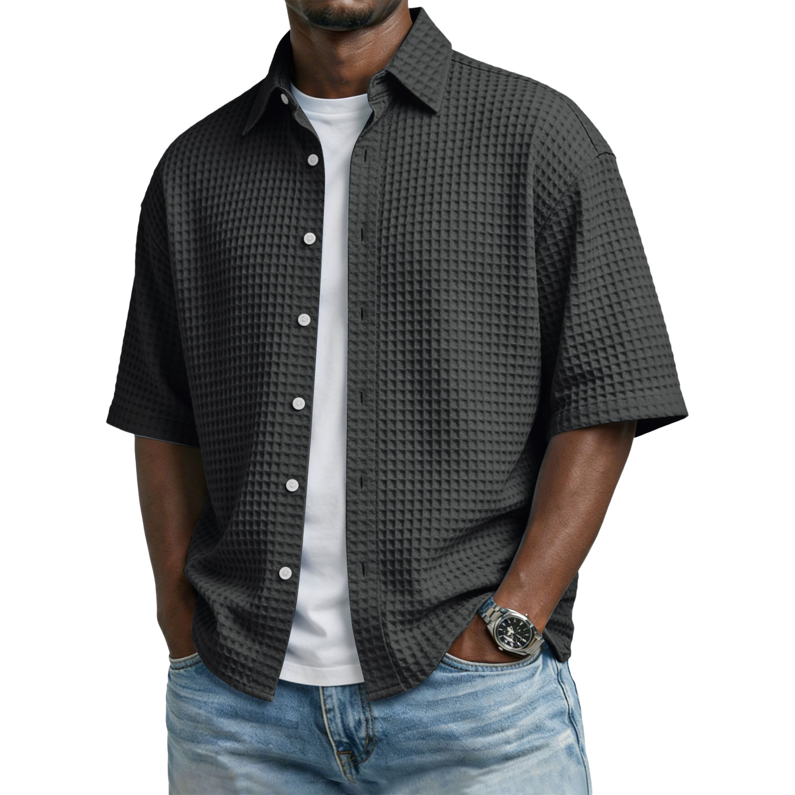 Men's Waffle-Weave Short-Sleeve Button-Up Shirt, Textured Collar, view 7