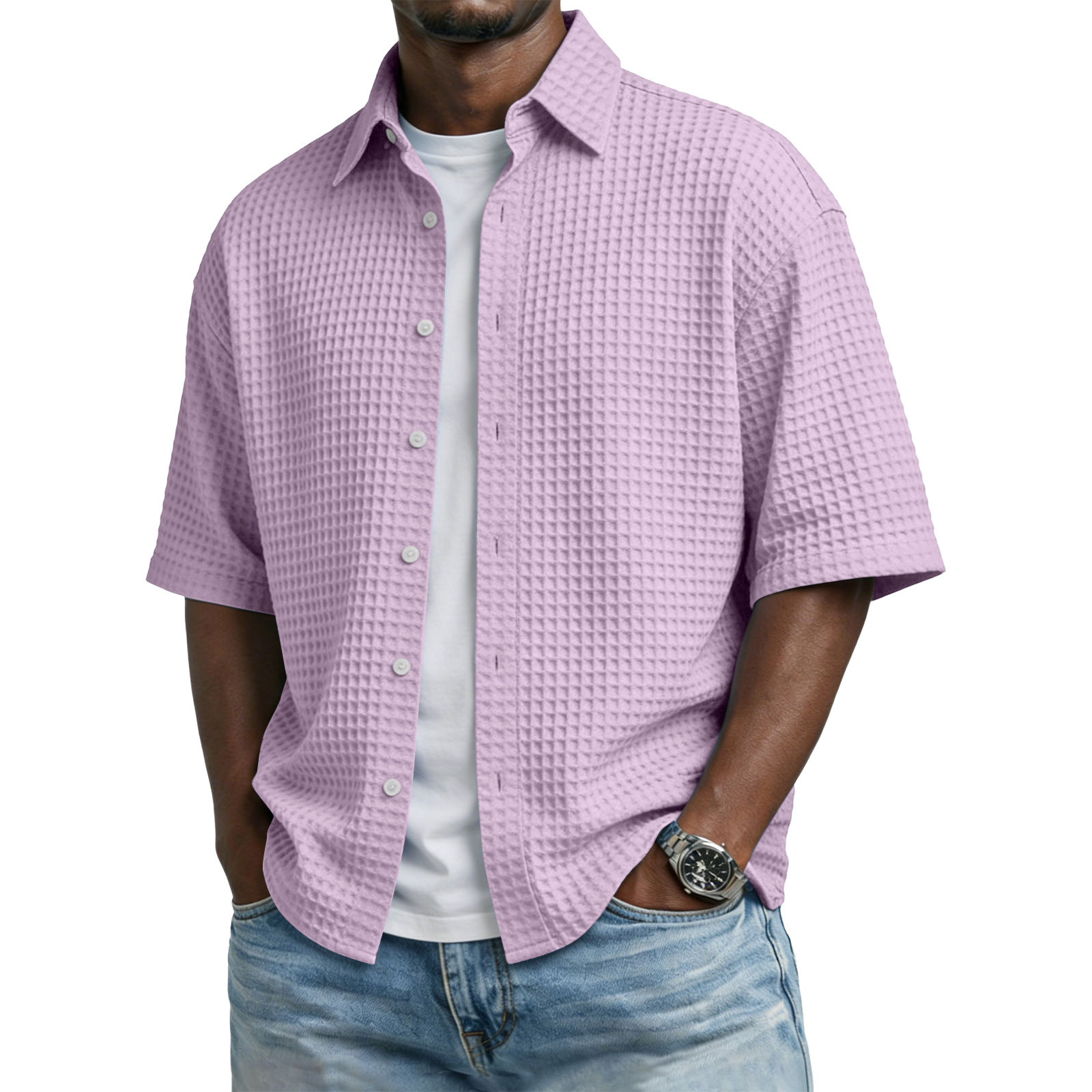 Men's Waffle-Weave Short-Sleeve Button-Up Shirt, Textured Collar, view 8