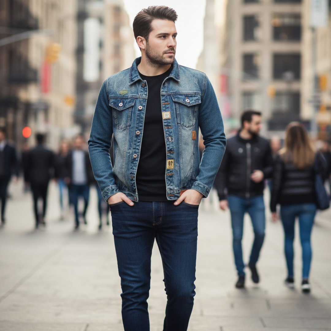Men's Slim-Fit Blue Denim Jacket — Washed Trucker Style with Patch Details, view 4
