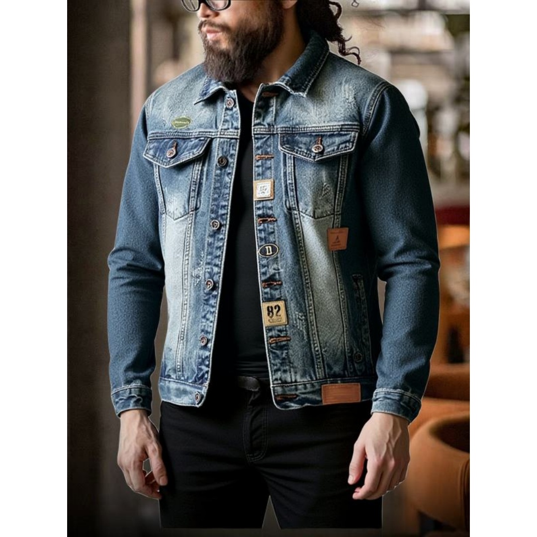 Men's Slim-Fit Blue Denim Jacket — Washed Trucker Style with Patch Details, view 5