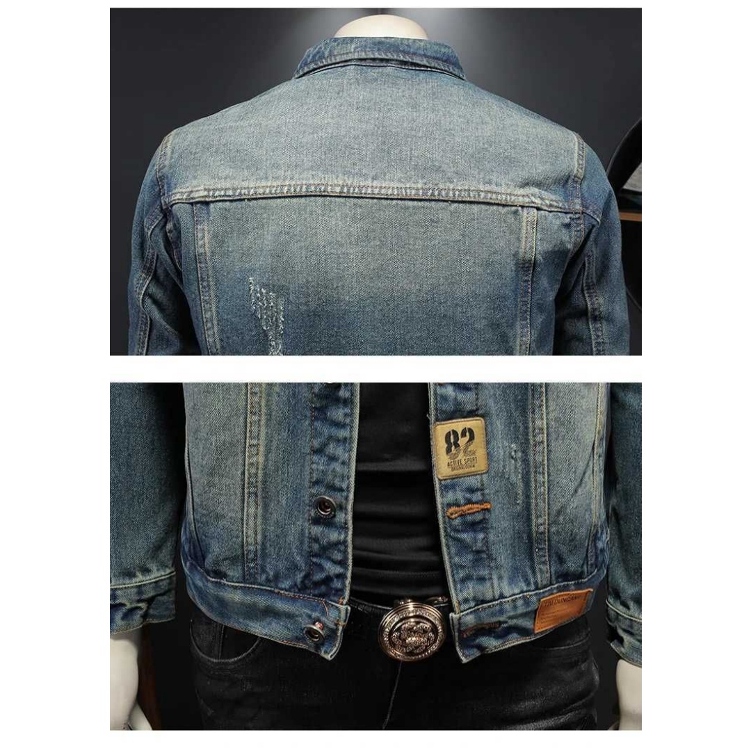 Men's Slim-Fit Blue Denim Jacket — Washed Trucker Style with Patch Details, view 6