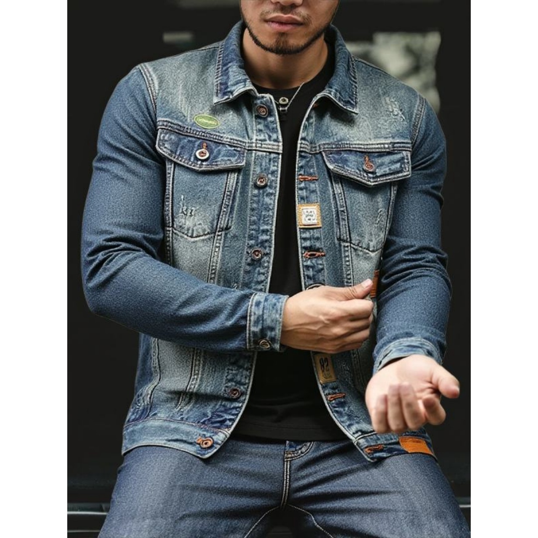 Men's Slim-Fit Blue Denim Jacket — Washed Trucker Style with Patch Details, view 3