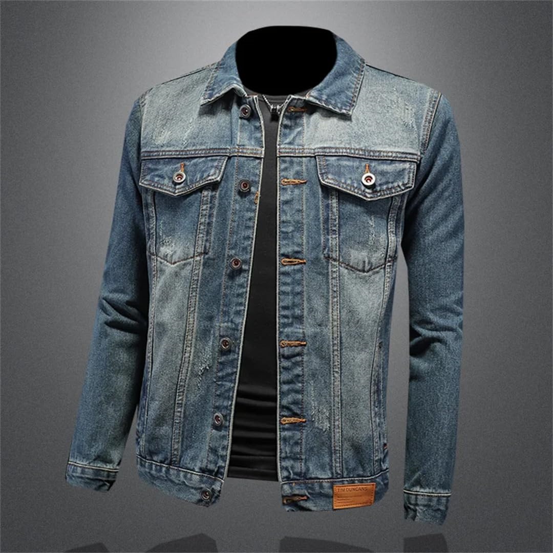 Men's Slim-Fit Blue Denim Jacket — Washed Trucker Style with Patch Details