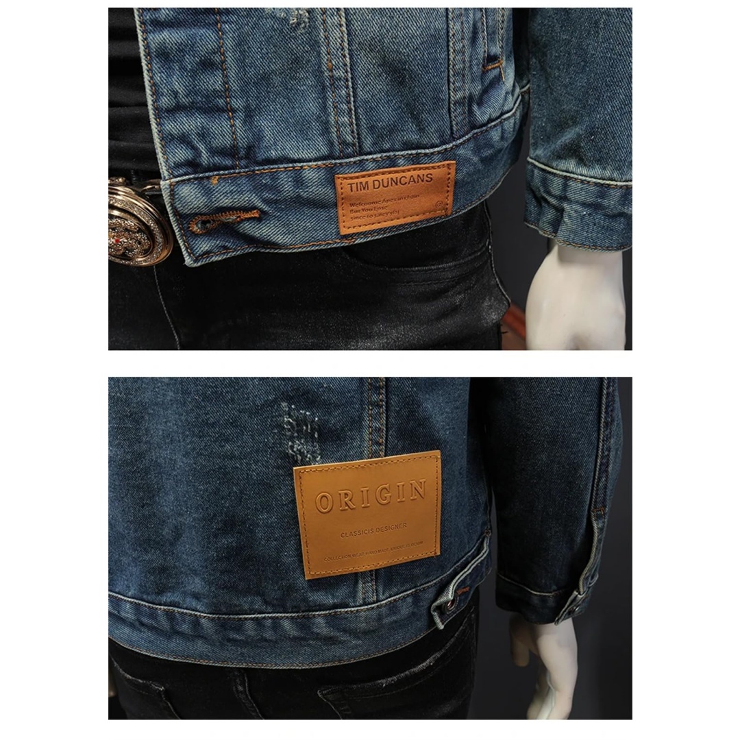 Men's Slim-Fit Blue Denim Jacket — Washed Trucker Style with Patch Details, view 7