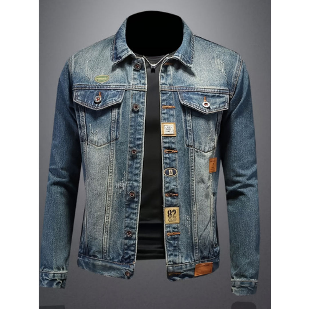 Men's Slim-Fit Blue Denim Jacket — Washed Trucker Style with Patch Details, view 2