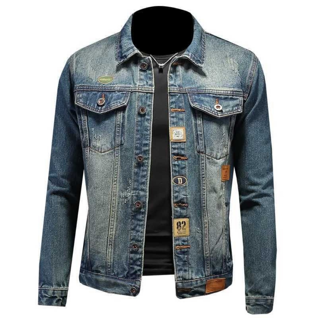 Men's Slim-Fit Blue Denim Jacket — Washed Trucker Style with Patch Details, view 8