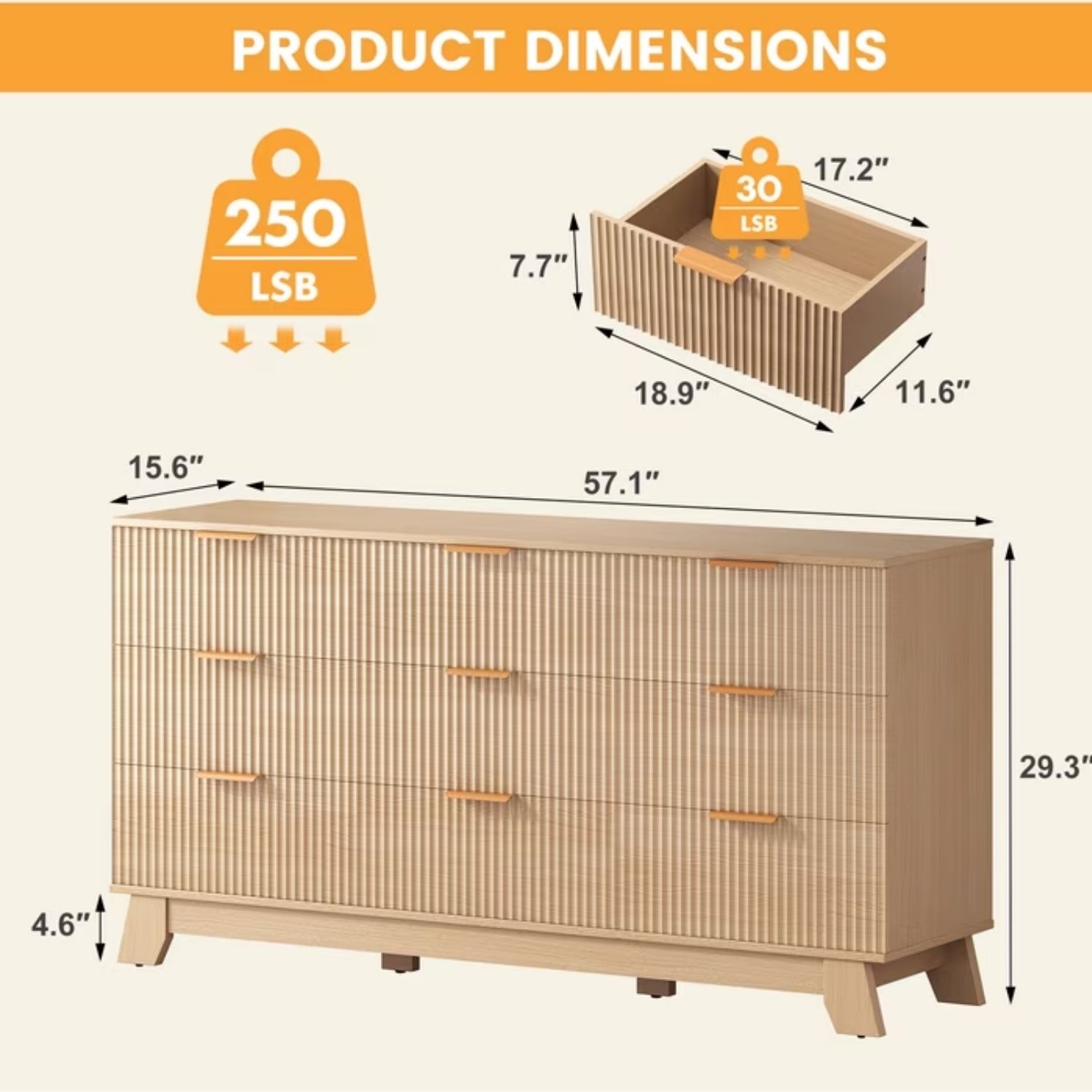 9-Drawer Fluted Wood Dresser, 57" Wide Mid-Century Storage