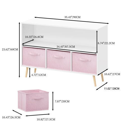 Kids Bookcase with 3 Pink Fabric Drawers — White Toy Storage Shelf, view 3