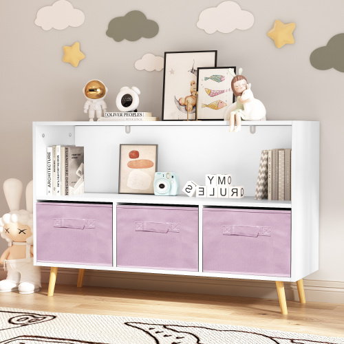Kids Bookcase with 3 Pink Fabric Drawers — White Toy Storage Shelf, view 5