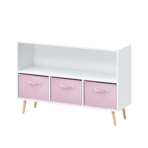 Kids Bookcase with 3 Pink Fabric Drawers — White Toy Storage Shelf, view 6