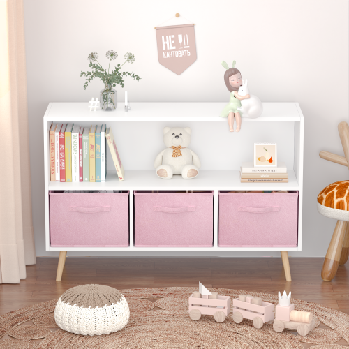 Kids Bookcase with 3 Pink Fabric Drawers — White Toy Storage Shelf, view 7