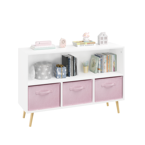 Kids Bookcase with 3 Pink Fabric Drawers — White Toy Storage Shelf, view 8