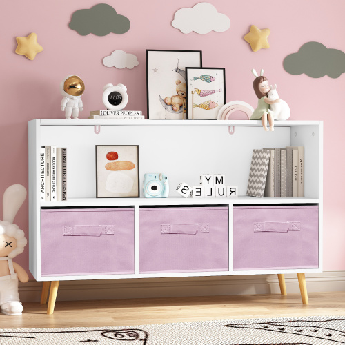 Kids Bookcase with 3 Pink Fabric Drawers — White Toy Storage Shelf, view 2