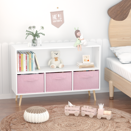 Kids Bookcase with 3 Pink Fabric Drawers — White Toy Storage Shelf