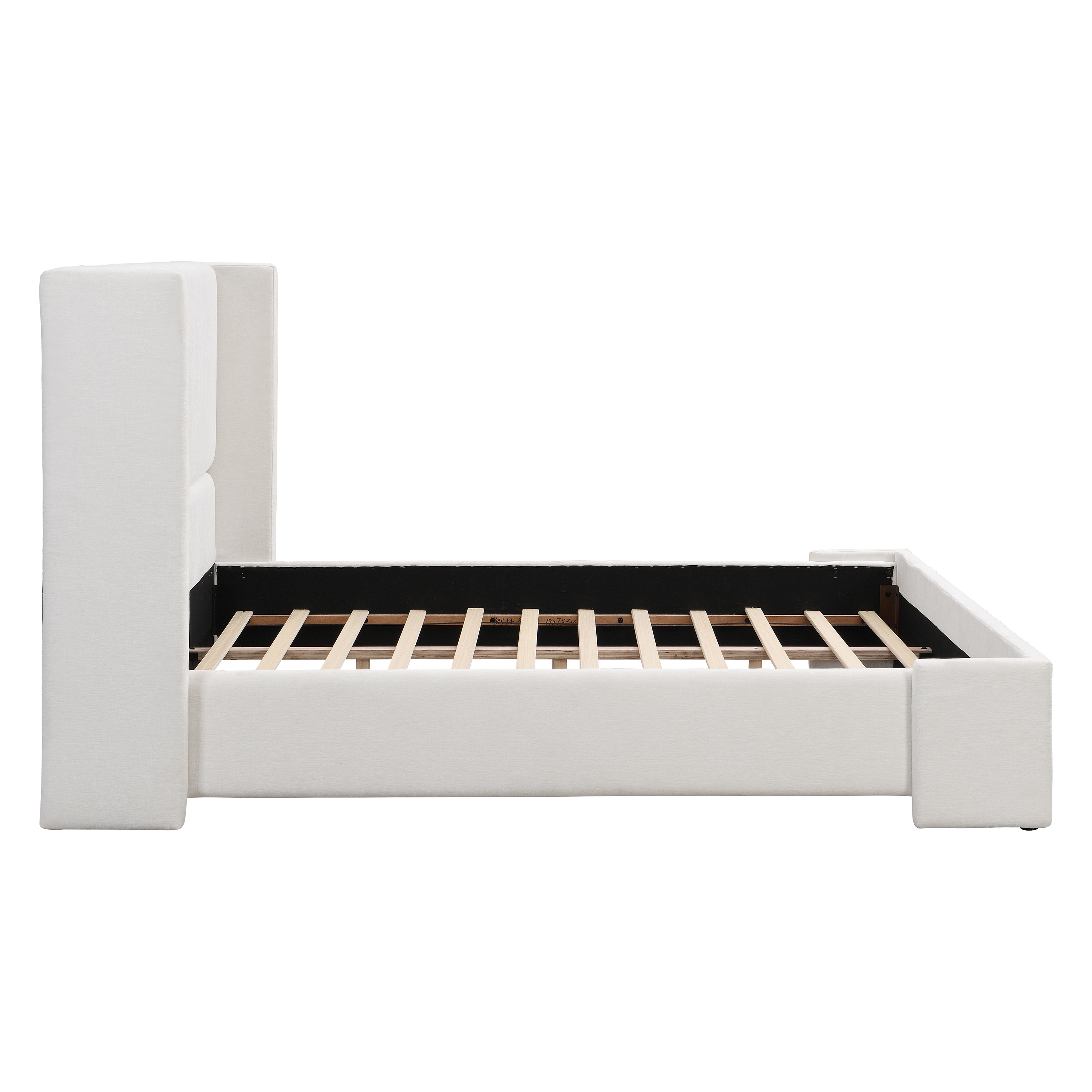 King Upholstered Platform Bed With Tall Wingback Headboard, White
