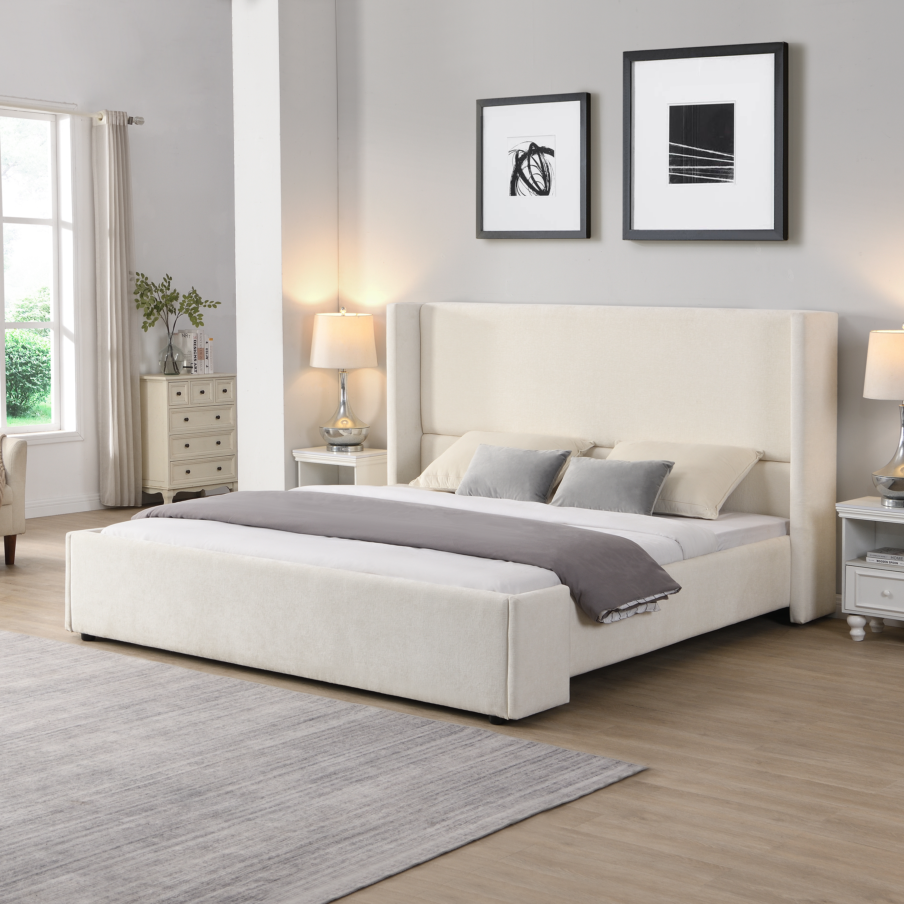 King Upholstered Platform Bed With Tall Wingback Headboard, White, view 3