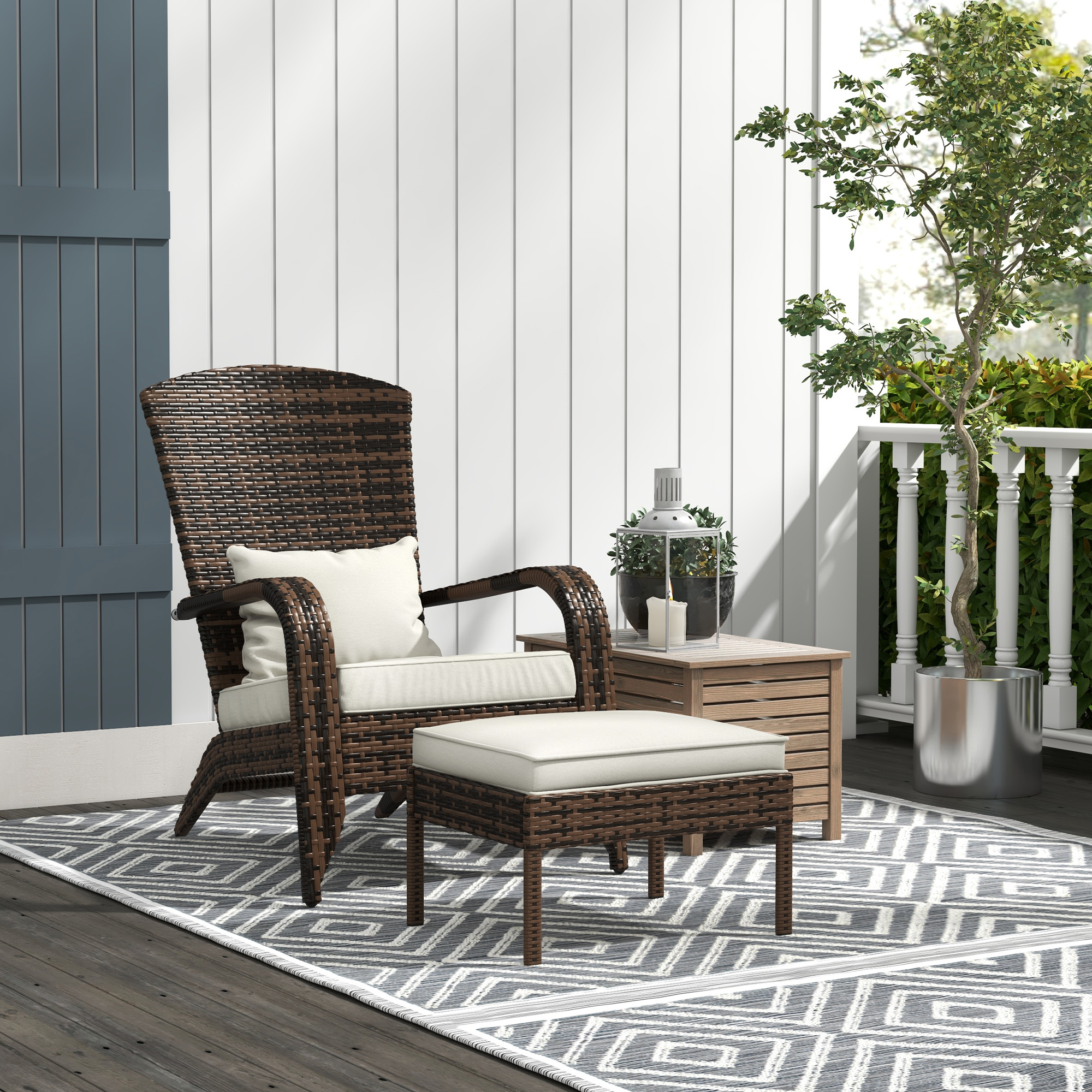 Brown Wicker Adirondack Chair & Ottoman Set with Cream Cushions