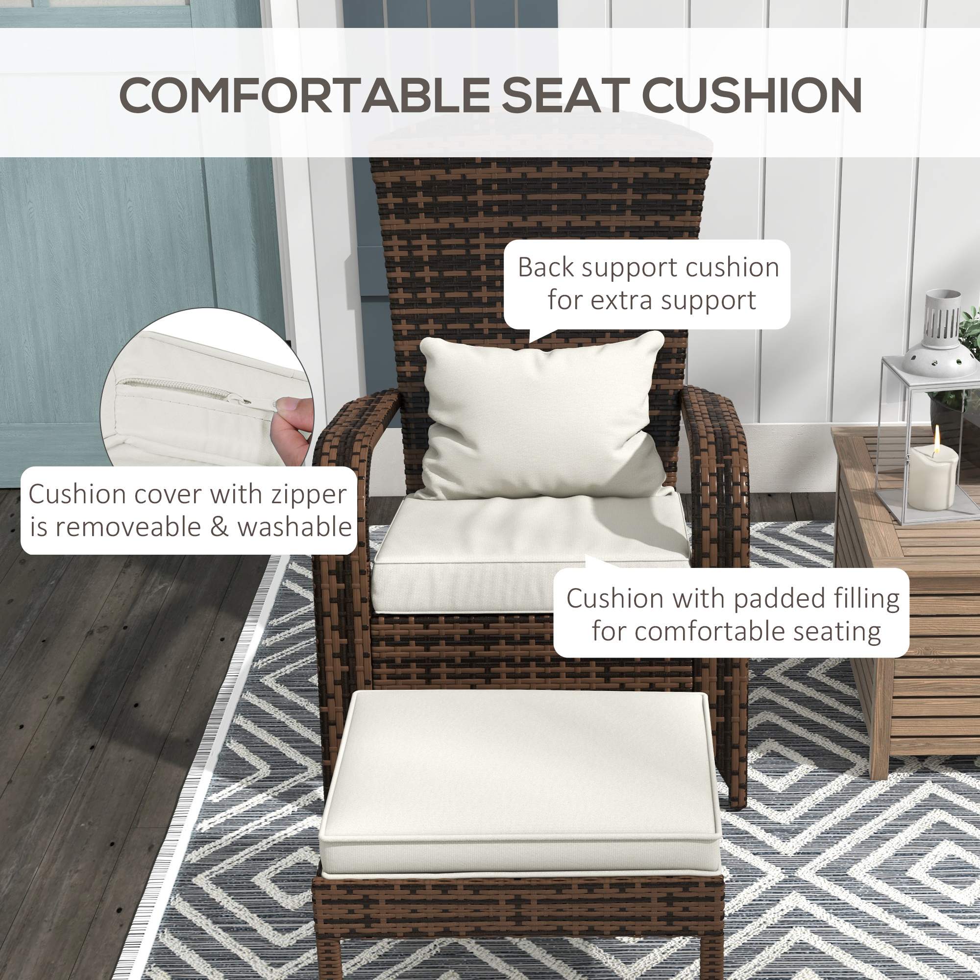 Brown Wicker Adirondack Chair & Ottoman Set with Cream Cushions, view 2