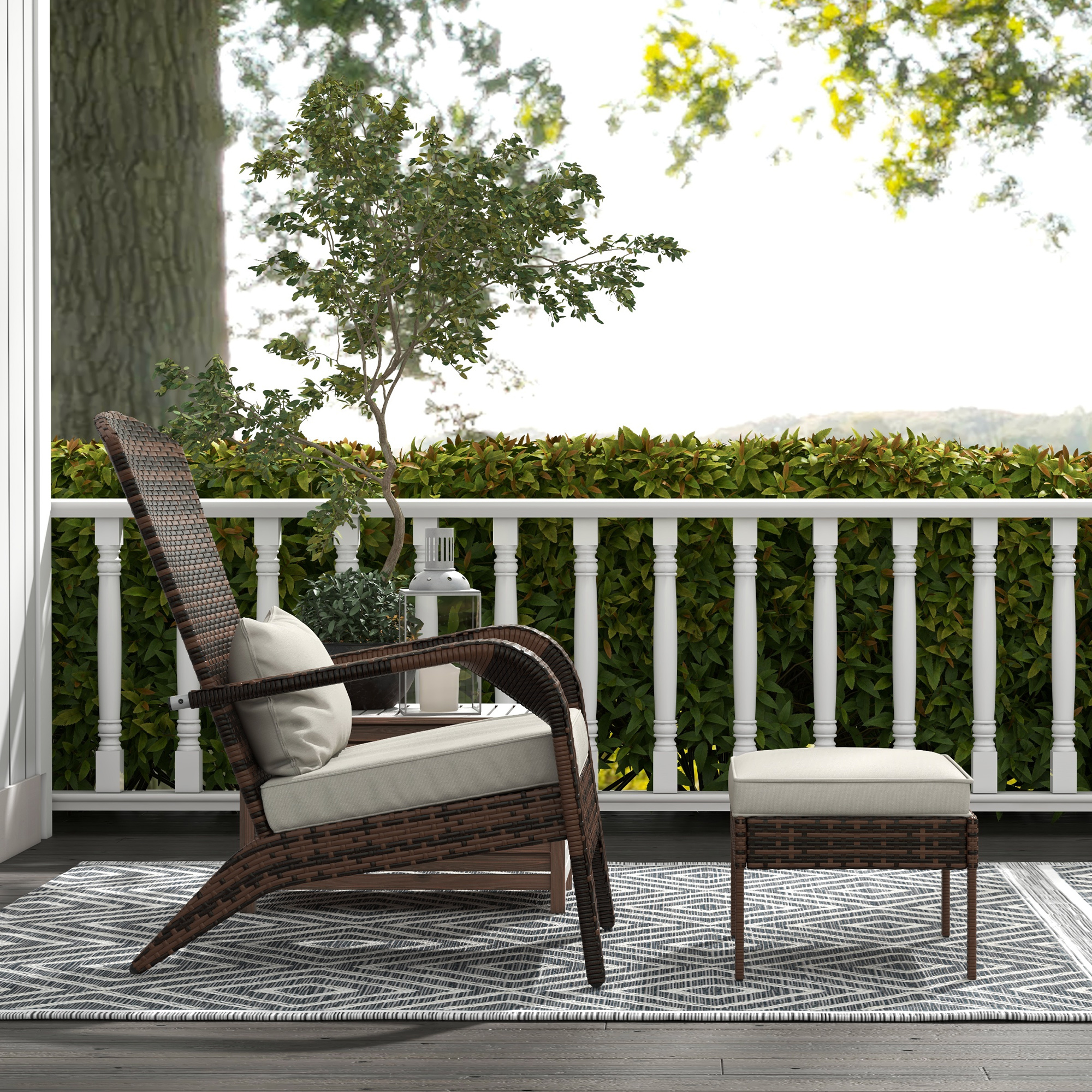 Brown Wicker Adirondack Chair & Ottoman Set with Cream Cushions, view 3