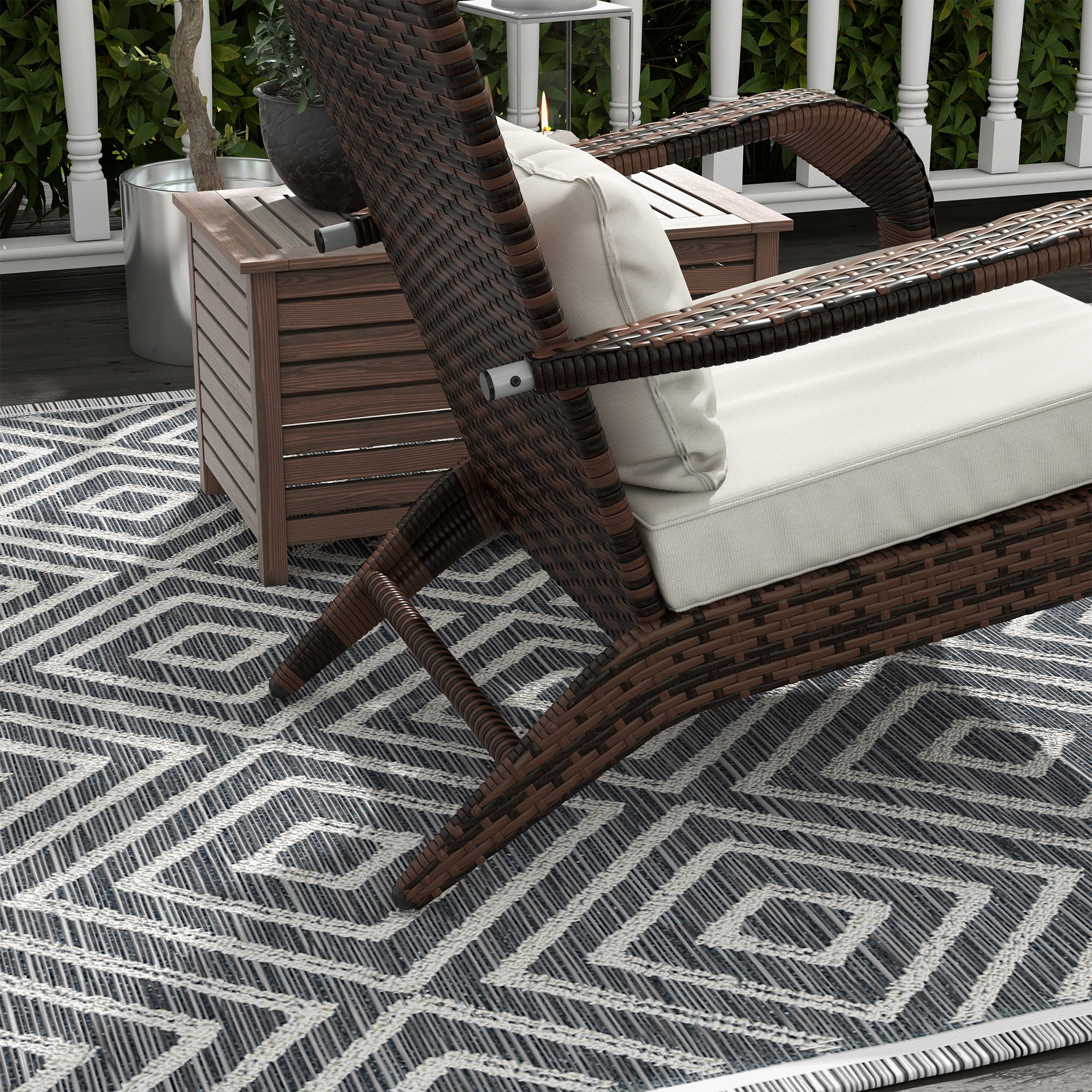 Brown Wicker Adirondack Chair & Ottoman Set with Cream Cushions, view 4