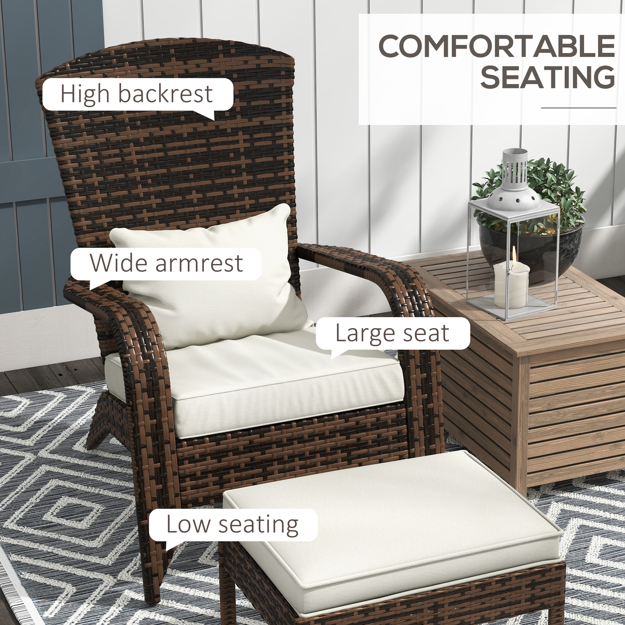 Brown Wicker Adirondack Chair & Ottoman Set with Cream Cushions, view 5