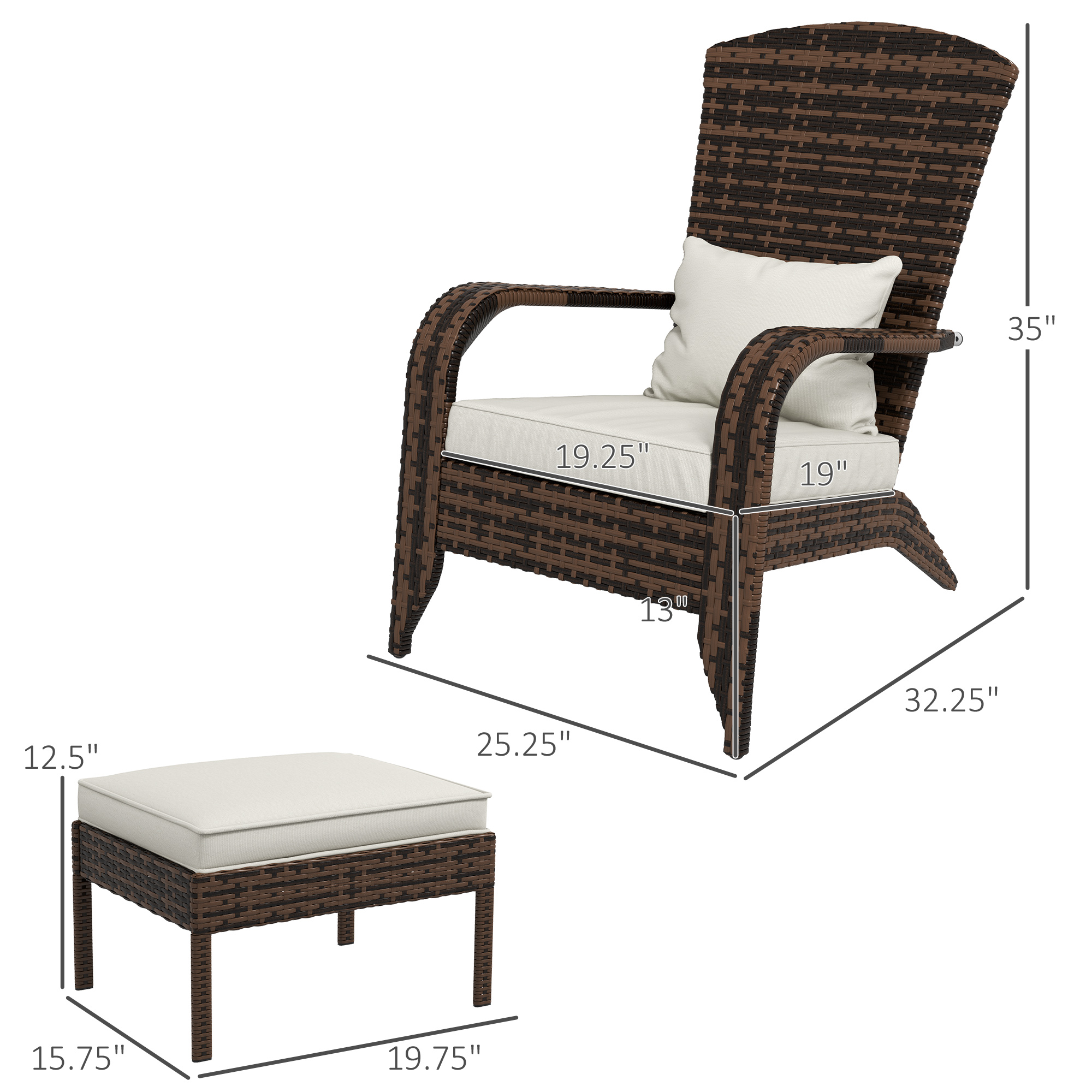 Brown Wicker Adirondack Chair & Ottoman Set with Cream Cushions, view 6