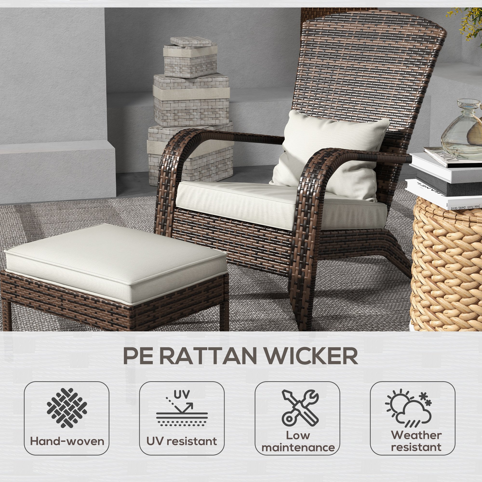 Brown Wicker Adirondack Chair & Ottoman Set with Cream Cushions, view 7