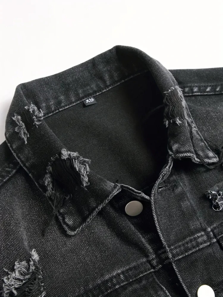 Men's Black Distressed Denim Trucker Jacket, Slim Fit, view 2