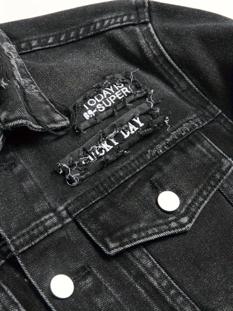 Men's Black Distressed Denim Trucker Jacket, Slim Fit, view 3