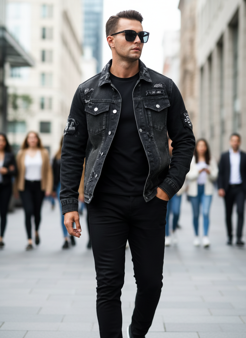 Men's Black Distressed Denim Trucker Jacket, Slim Fit, view 7