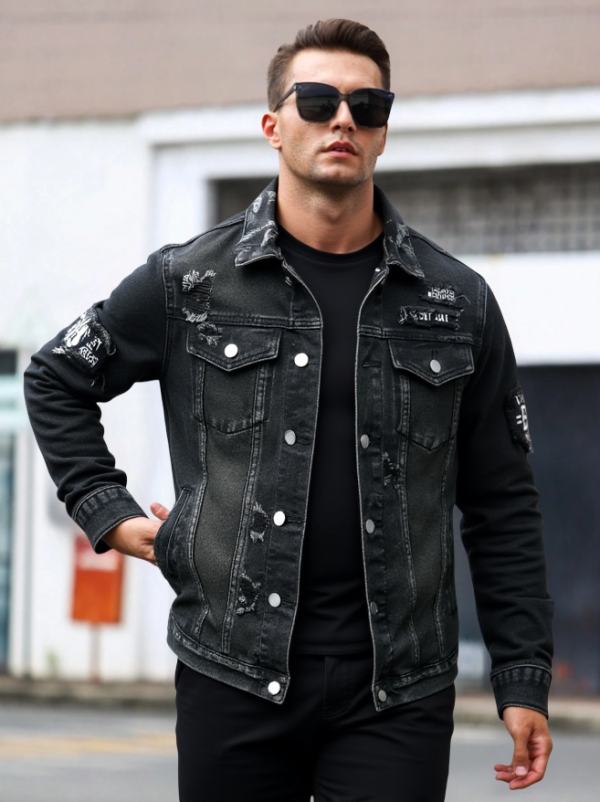 Men's Black Distressed Denim Trucker Jacket, Slim Fit