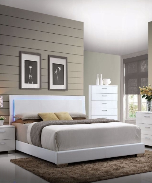Lorimar Queen Platform Bed — White Faux Leather with LED Headboard