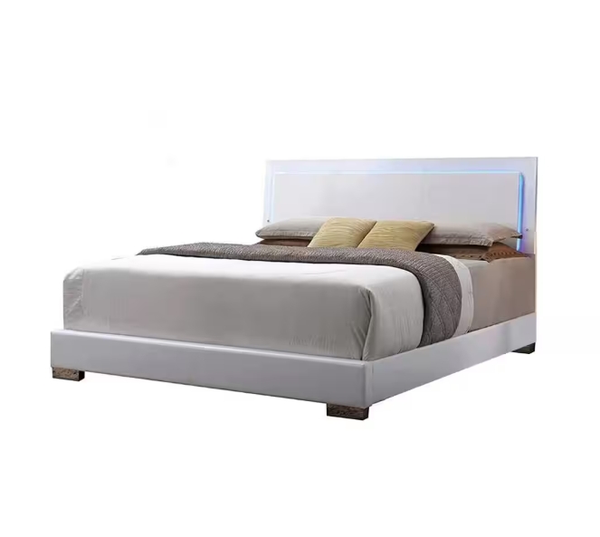Lorimar Queen Platform Bed — White Faux Leather with LED Headboard, view 2