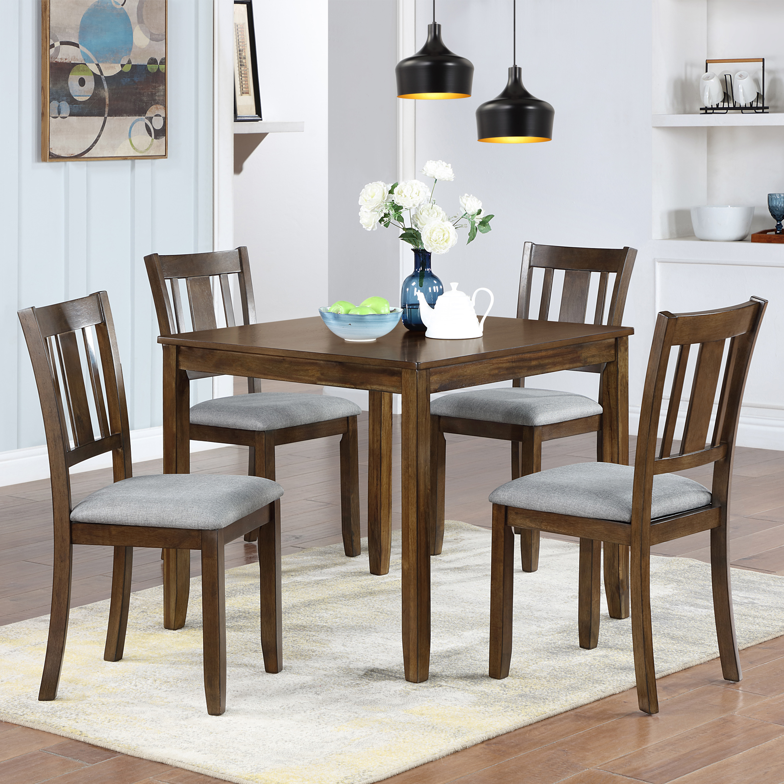 Walnut Square Dining Table Set – 4 Upholstered Chairs, Seats 4