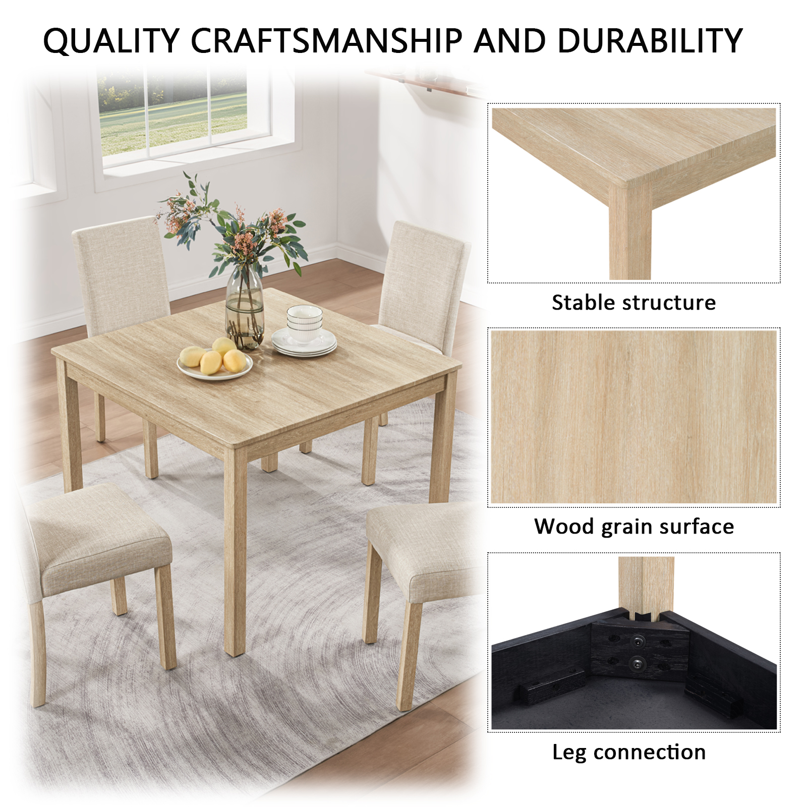 39" Square Dining Set for 4 — Light Oak Table + 4 Linen Chairs - 5 Pcs, view 4