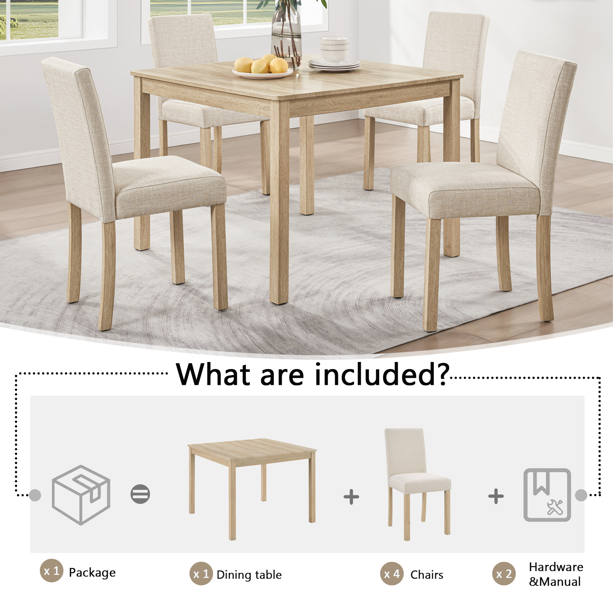 39" Square Dining Set for 4 — Light Oak Table + 4 Linen Chairs - 5 Pcs, view 5