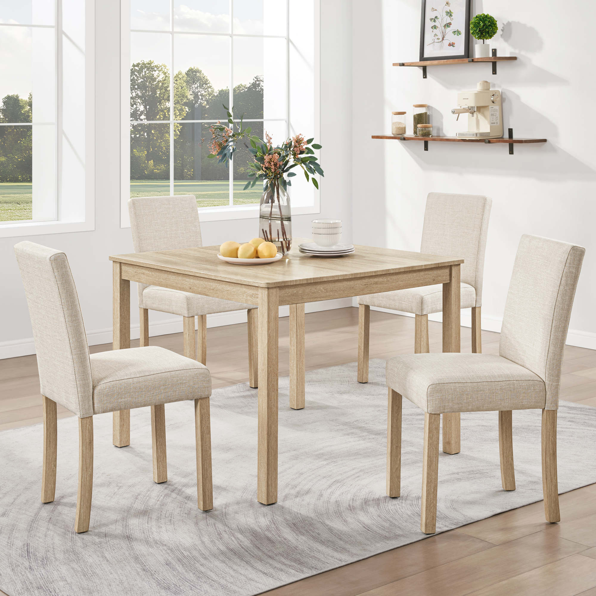 39" Square Dining Set for 4 — Light Oak Table + 4 Linen Chairs - 5 Pcs, view 7