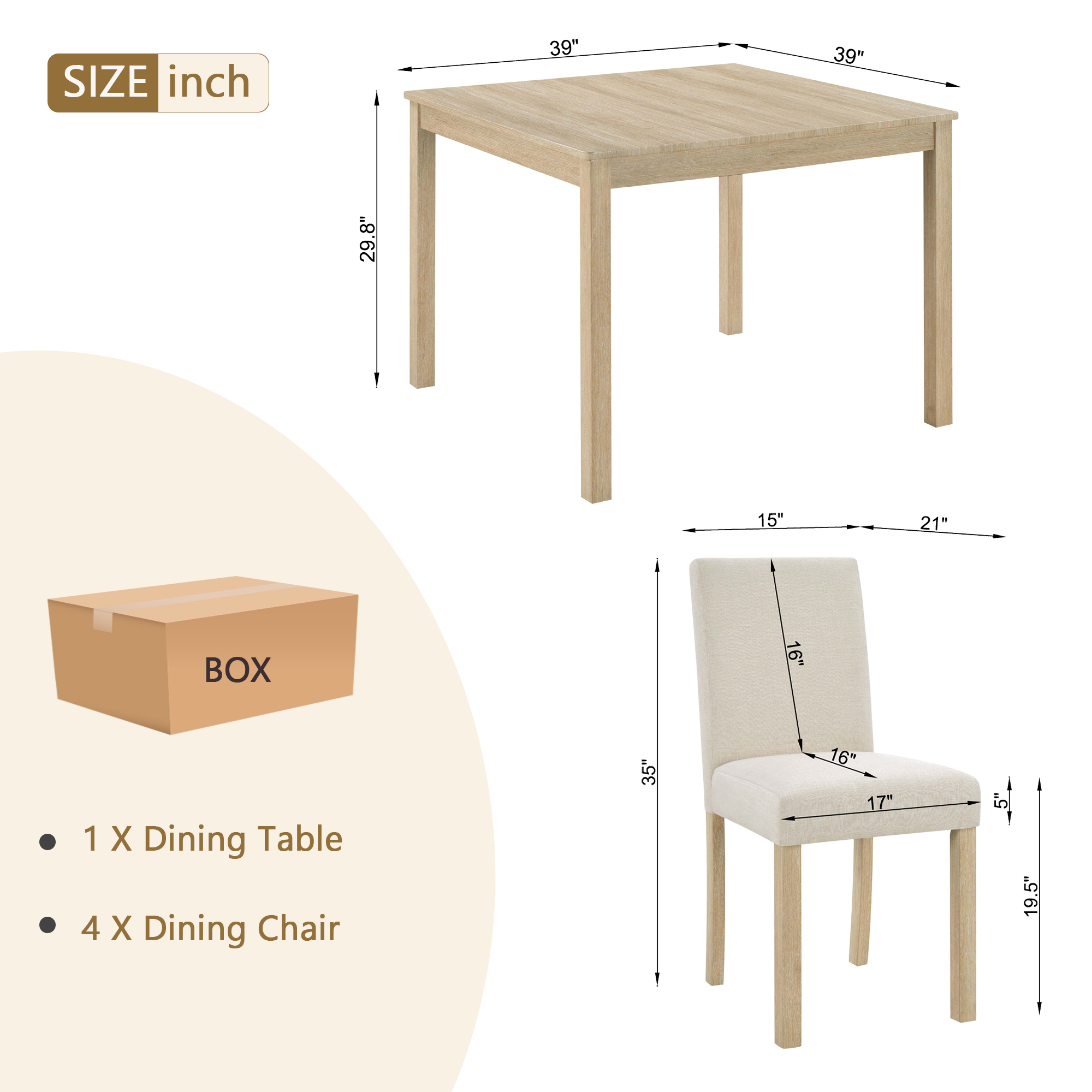 39" Square Dining Set for 4 — Light Oak Table + 4 Linen Chairs - 5 Pcs, view 8