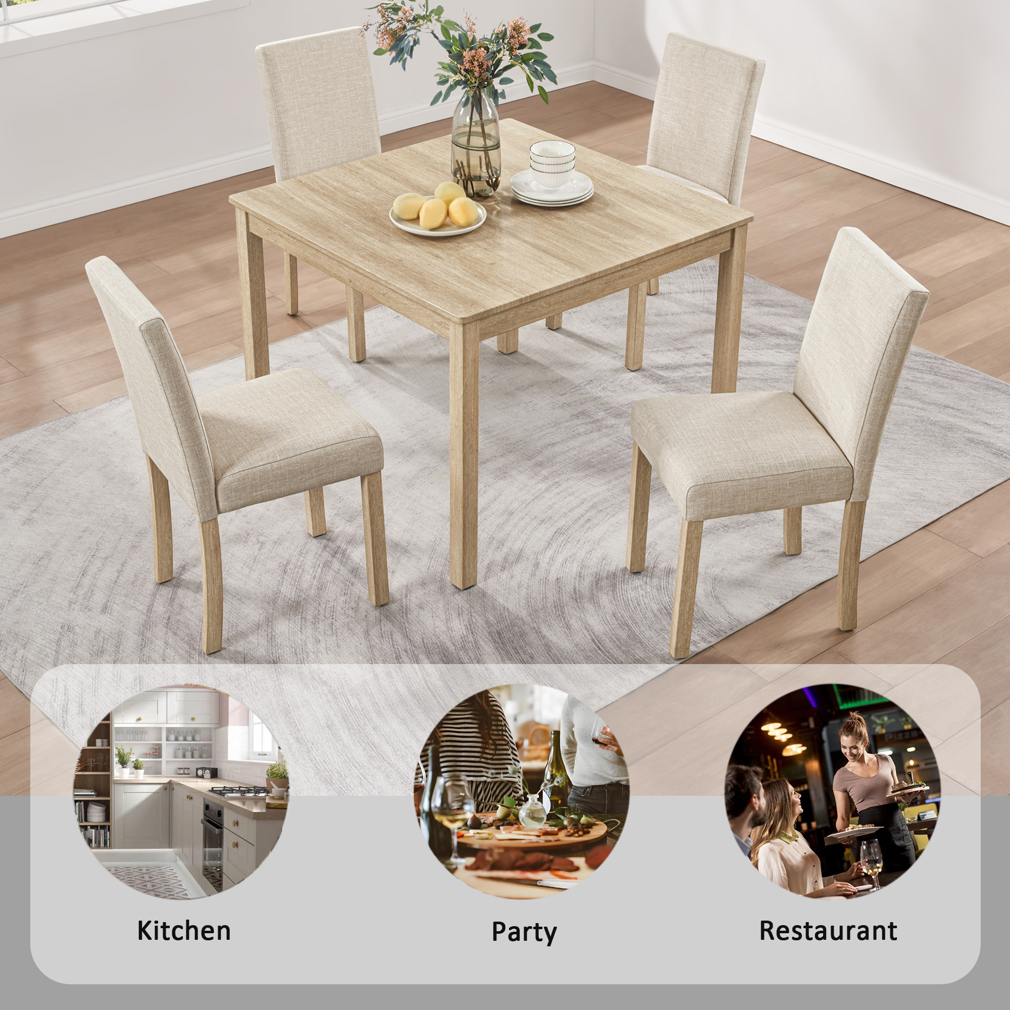 39" Square Dining Set for 4 — Light Oak Table + 4 Linen Chairs - 5 Pcs