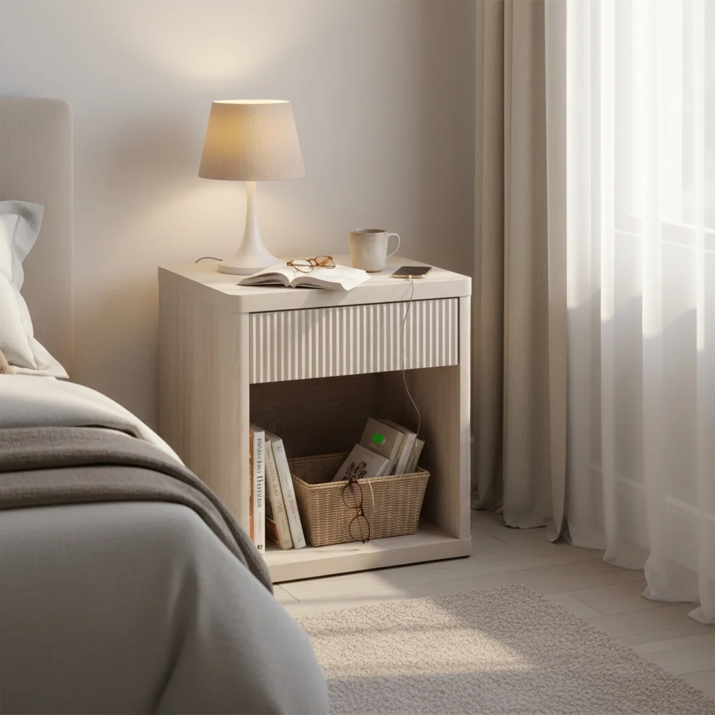 Fluted Wood Nightstand with Drawer and Open Shelf, Rounded Corners - 1PC, 2PCs